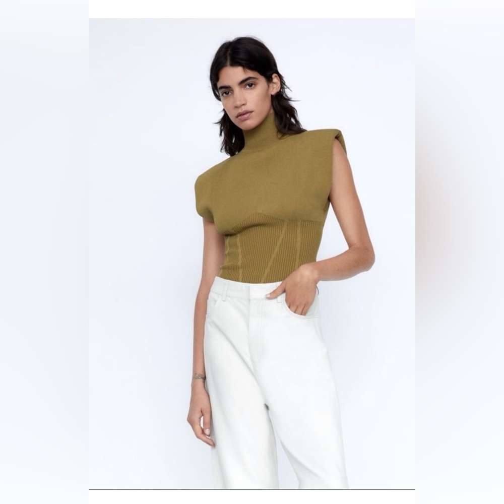 Zara high mock knit top with shoulder pads